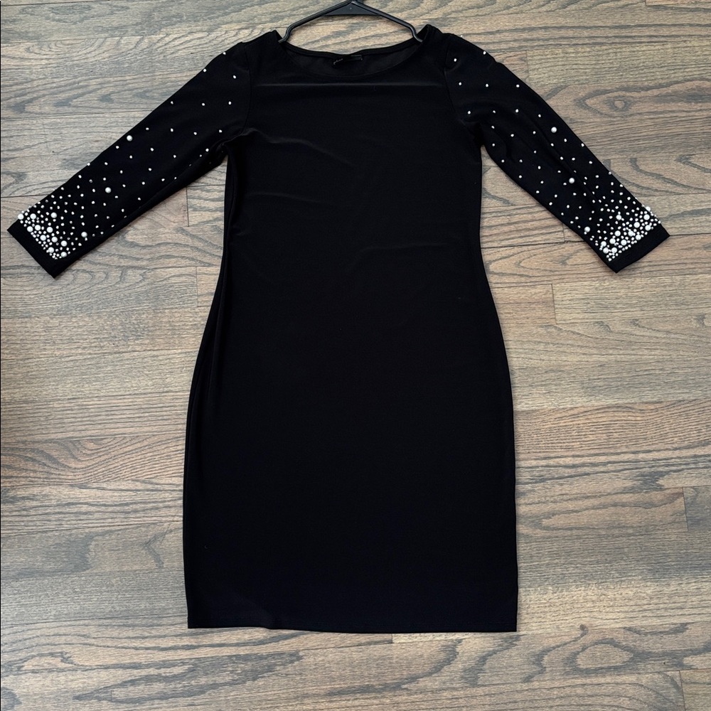 Nicole Miller Black Dress with Pearl Sleeve Accents